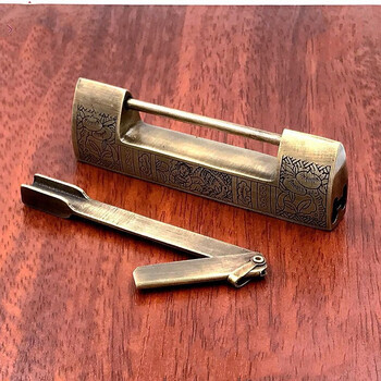 铜锁中式仿古锁横开挂锁老式小锁头复古刻花铜古代横插销锁 长12cm