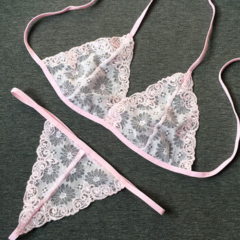 性感三点装透明内衣文胸套装三点装刺绣薄款诱惑 粉红色 均码系带胖瘦
