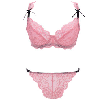 文胸透气蕾丝胸罩胖mm大码内衣套装女 d杯e杯 粉红色 70a=32a s内裤