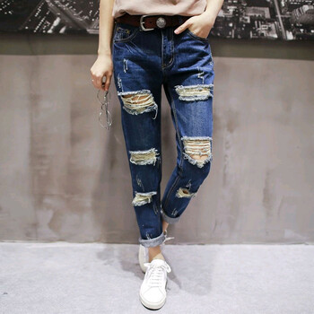丹杰仕秋冬女装弹力休闲修身牛仔裤女长裤韩版潮九分小脚裤破洞韩国哈伦微跨女裤显瘦乞丐情侣裤 8083 28码