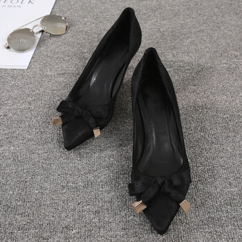 欧洲站瓢鞋女春新款单鞋中跟套脚百搭尖头蝴蝶结马毛小跟船鞋 黑色 38