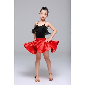 儿童拉丁舞裙夏季少儿女童拉丁分体流苏亮缎练功服演出表演服套装 红
