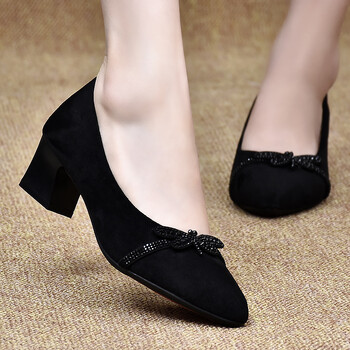 御福轩 老北京布鞋女中跟工作鞋女黑色方跟尖头上班鞋防滑高跟职业单鞋 黑色 37