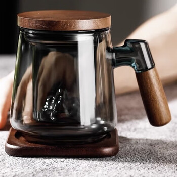 观山泡茶杯茶水分离过滤花茶杯专用玻璃水杯办公室喝茶杯子 透黑三件杯（无观山 301-400ml