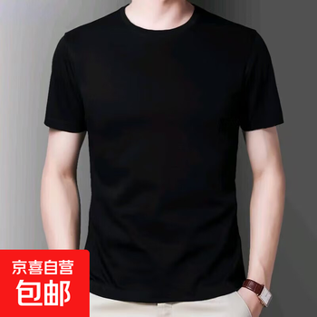 短袖t恤男夏季新款圆领纯色弹力修身半袖打底衫潮流简约男装上衣 黑色 薄款 L (170) (100-115斤)