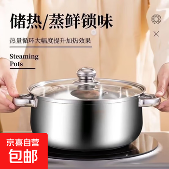汤锅不锈钢上蒸下煮蒸包子煮面条锅电磁炉燃气灶通用火锅煮锅锅具 不锈钢本色 22cm