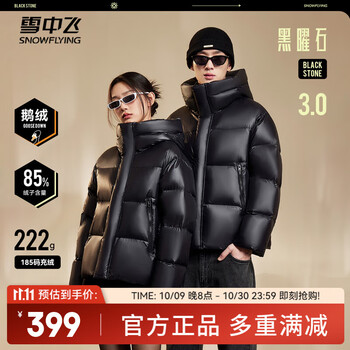 雪中飞 黑曜石经典3.0男女鹅绒羽绒服保暖加厚防寒宽松廓形时尚 黑色|8056 M 170/92A