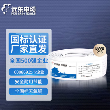 远东电缆 BVVB 2*6平方国标装潢明线空调铜芯两芯扁形护套硬线 100米 白色
