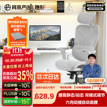 网易严选 小蛮腰S9pro+全能款 人体工学电脑椅办公椅电竞老板会议学习椅  云白-无搁脚