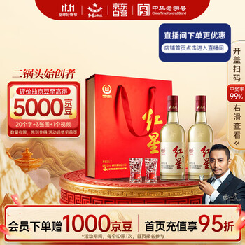 红星二锅头 大曲酿 清香型白酒 52度 500ml*2瓶礼盒装 纯粮口粮酒