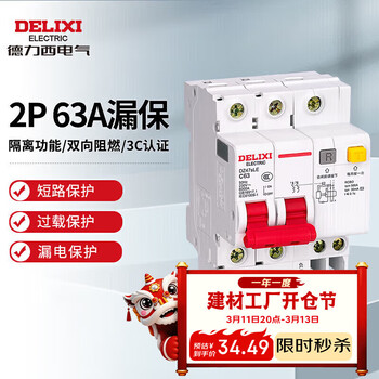 德力西电气空开断路器空气开关漏电保护开关DZ47sLE 2P 63A