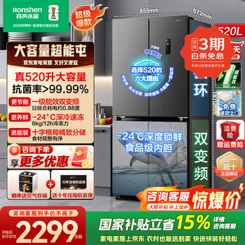 容声520升双循环十字双开门冰箱大容量一级能效双变频风冷无霜超薄嵌入家用冰箱静音抗菌净味国家补贴 一级能效双变频BCD-520WD12FP灰