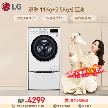 LG双擎 11+2.5KG多筒懒人分区洗衣机全自动 家用大容量 母婴内衣洗 蒸汽除菌 FY13WYW