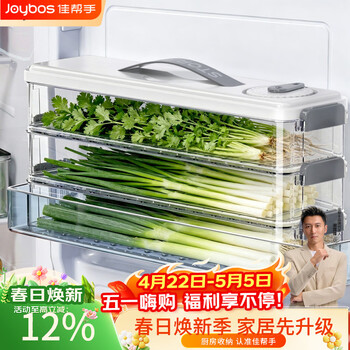 佳帮手小葱香菜保鲜盒食品级冰箱计时收纳盒 密封防串味长条储物盒3层