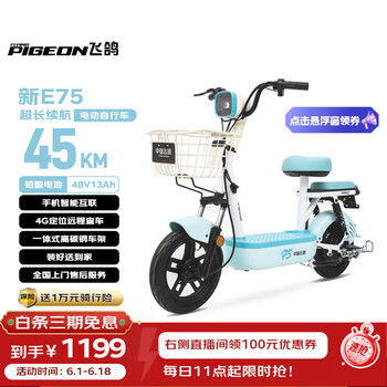 飞鸽电动自行车 新E75新国标电动车2026长续航45KM48V13A铅酸电池智能家用电瓶车可上牌碧水蓝