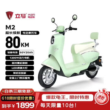 立马电动摩托车M2时尚版80公里长续航电动车1200W高速电摩铅酸电池60V20Ah外卖上班代步电瓶车千代绿