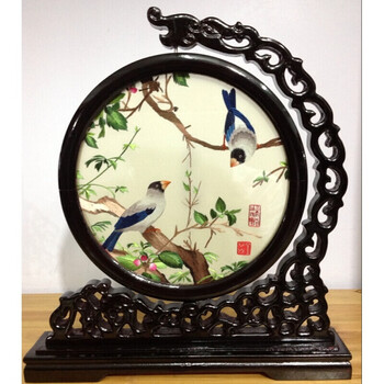 手工苏绣成品 刺绣摆件台屏双面绣画精品礼品 郎世宁对鸟 双面绣