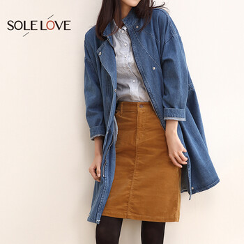 sole love 2015新款秋装 牛仔外套 女 长袖春秋中长款外套宽松 蓝色