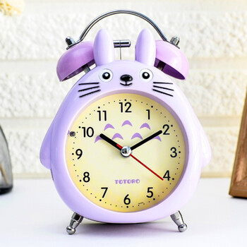 卡通闹钟金属静音带灯儿童学生起床铃小黄人台钟打铃闹钟 紫色龙猫