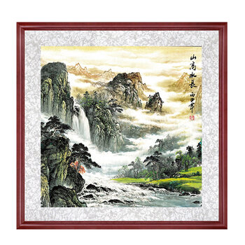 国画山水画客厅装饰画中式字画斗方带框水墨画风水画旭日东升 山高水