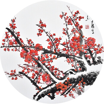 新中式国画梅花客厅沙装饰画喜上眉梢花鸟水墨腊梅圆形三联挂画 d款