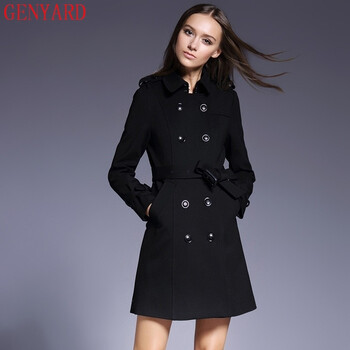 GENYARD2015秋冬新款女装欧洲站时尚大气纯色双排扣罗马棉风衣潮