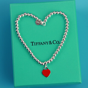 蒂芙尼手链 tiffany珐琅心形串珠手链925纯银吊坠情人节礼物 红心手链