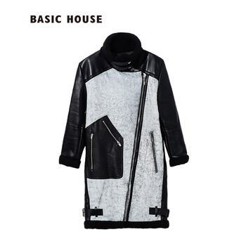 Basic House/百家好秋冬新品修身保暖pu革撞色拼接外套HORF725A 黑色/BK 160/84A/M