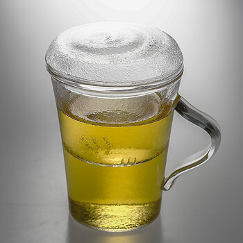 分离玻璃茶杯家用带把盖过滤办公室男女喝水杯子 细纹茶杯 320毫升