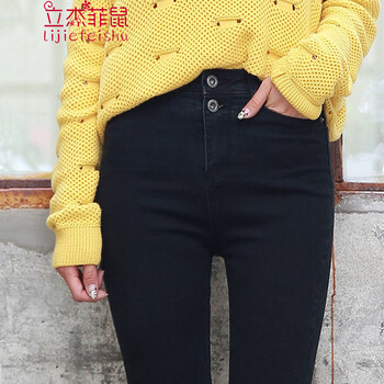 
                                        立杰菲鼠 新款韩版新款黑色高腰牛仔裤女弹力小脚铅笔裤长裤大码X119黑 可系腰带黑色-常规 27码                