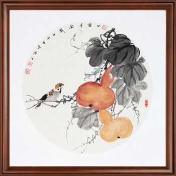 尚礼阁手绘国画装饰画带框新中式字画实木框客厅餐厅圆形花鸟居家挂件