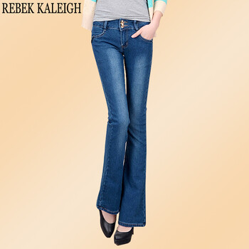 REBEK KALEIGH2015新款韩版牛仔裤女修身中腰弹力小喇叭长裤9012 蓝色 26码