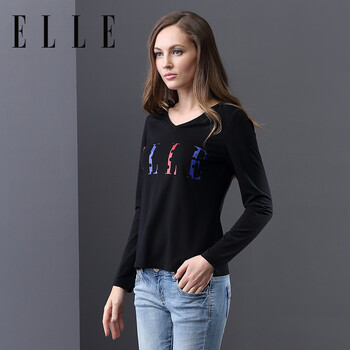 ELLE女装 专柜同步 2016秋季简约V领品牌字母印花长袖T恤 黑色01 165/88A
