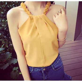 无袖挂脖漏两肩上衣吊带背心女夏外穿韩版学生短款雪纺小清新简约 姜