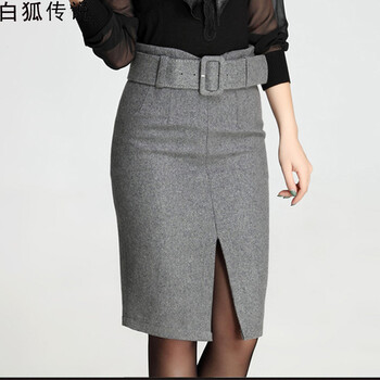 白狐传说2015秋冬新款女OL修身显瘦纯色毛呢高腰包臀半身裙女时尚韩版职业开叉一步裙秋冬潮 灰色 XL