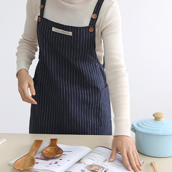 韩式新款时尚居家休闲经典条纹吊带围裙 海军蓝色