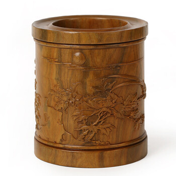 工艺品实木凤凰牡丹绿檀笔筒文房用品摆件根雕新年礼物