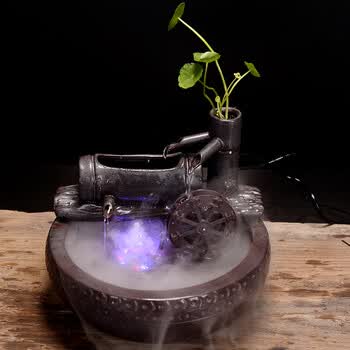 流水陶瓷鱼缸摆件 禅意客厅室内桌面盆景加湿器风水轮 节节高升 雾化