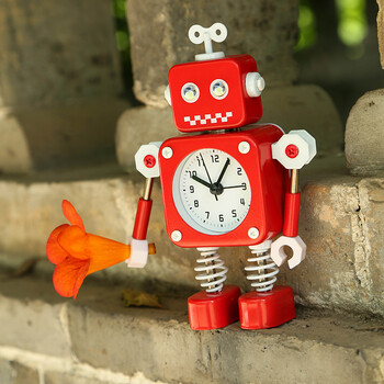 人闹钟 带夜灯的闹钟 静音家居饰品 学生 儿童闹钟 方头机器人/红色