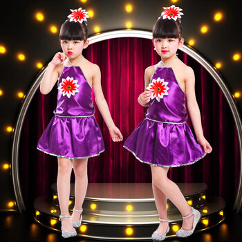 儿童演出表演裙舞台服装套装女童幼儿园舞蹈现代舞团体合唱服 紫色