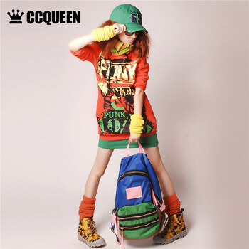 
                                        Ccqueen秋冬新款休闲中长款包臀抓绒连帽套头个性印花卫衣外套女 橘 L                