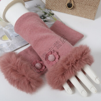 秋冬季韩版潮女士半指羊毛手套 冬天中长款加厚保暖 学生时尚可爱 皮