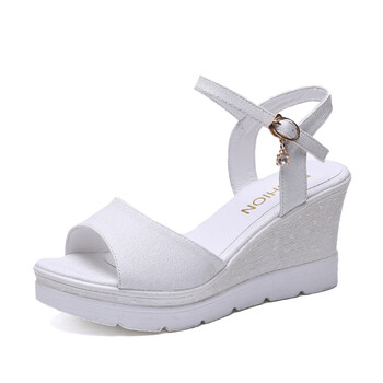 2018夏季新款坡跟鱼嘴凉鞋女厚底高跟鞋韩版罗马一字扣女鞋子 白色 35