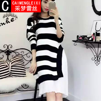 【双十一特价】采梦蕾丝2015秋冬季女装新款韩版时尚黑白条纹不规则毛衣拼雪纺连衣裙B743 黑色 均码