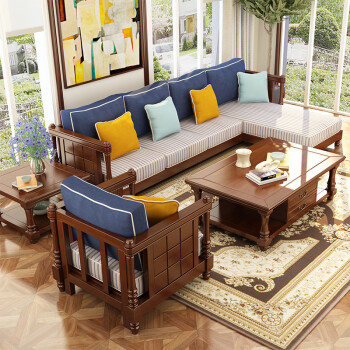 美式实木沙发组合客厅整装木头布艺结合1 2 3橡木家具 双人位 组装