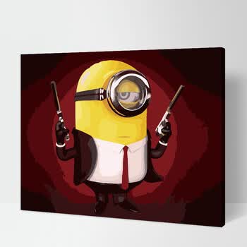 油画儿童房手绘卡通简单填色画动漫客厅油彩装饰画 小黄人 双枪小黄人