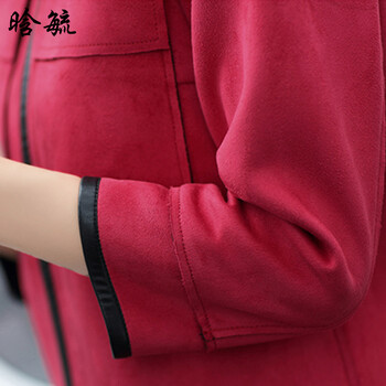 晗毓2015秋装新款鹿皮绒修身女装中长款风衣外套女0000 酒红色 L