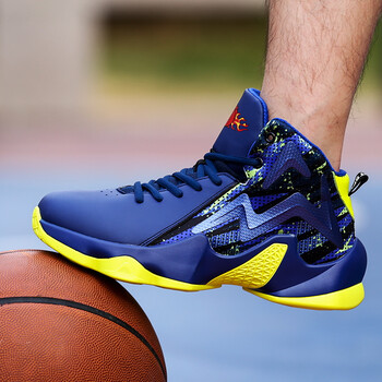 鞋男中帮运动鞋新款透气战靴学生球鞋防滑减震高帮内外训练鞋 蓝色 am