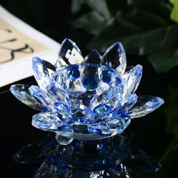 水晶莲花烛台酥油灯座 佛具长明灯 佛堂供佛灯底座蜡烛台摆件 蓝色
