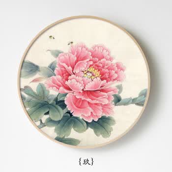 新中式古典水墨花鸟牡丹客厅玄关背景墙圆形实木框壁画挂画国画 09